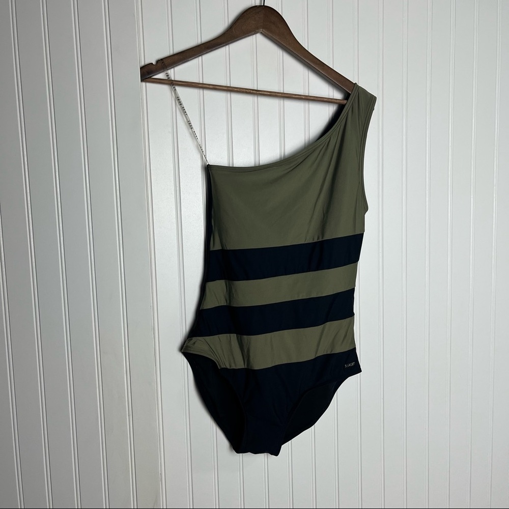 DKNY Olive Green and Black Striped One-Shoulder One-Piece Swimsuit